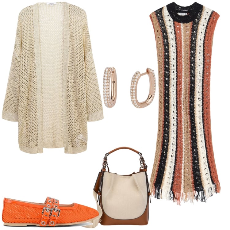 Outfit donna - Cardigan e abito di maglia. Stile Casual per Tutti i giorni. Abbinamento con orecchini, kimono, vestiti senza maniche, ballerine, borse a mano.