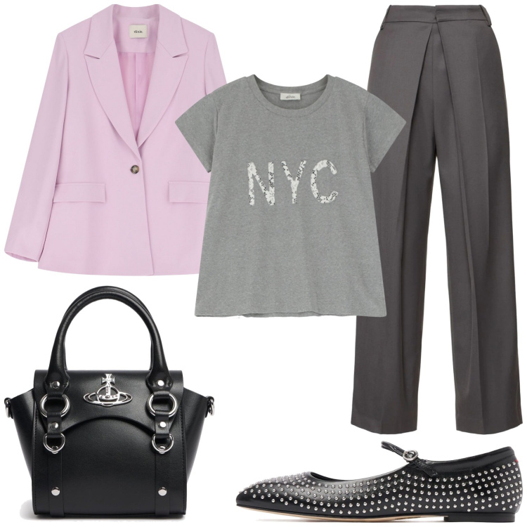 Outfit donna - Completo per il lavoro. Stile Casual chic per Tutti i giorni. Abbinamento con t-shirt, blazer, borse a mano, ballerine, pantaloni.
