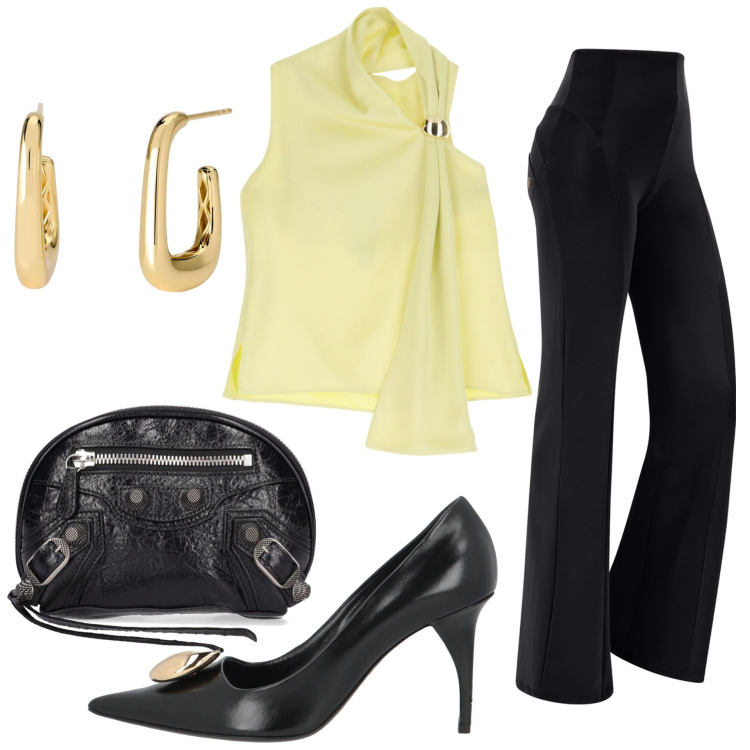 Outfit donna - Il top giallo burro. Stile Chic per Serata fuori. Abbinamento con décolleté, orecchini, top, pantaloni, borse a secchiello.