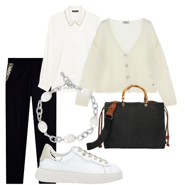 Outfit donna - A spasso per la città. Stile Casual chic per Tutti i giorni. Abbinamento con sneakers, braccialetti, pantaloni, cardigans, camicie, borse a mano.