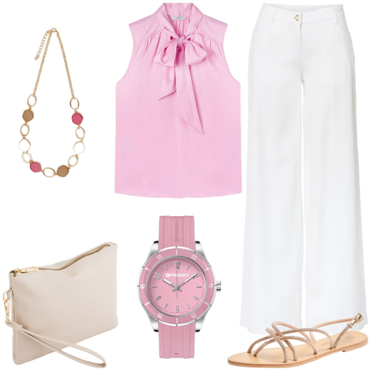 Outfit donna - Rosa e bianco. Stile Casual chic per Tutti i giorni. Abbinamento con pantaloni a palazzo, sandali, orologi, collane, top, pochette.