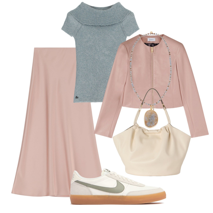 Outfit donna - City in trend. Stile Trendy per Tutti i giorni. Abbinamento con gonne lunghe, pullovers, blazer, ciondoli, sneakers, borse a secchiello.