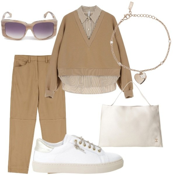 Outfit donna - Domenica mattina. Stile Casual chic per Tutti i giorni. Abbinamento con braccialetti con ciondoli, pantaloni chino, sneakers, felpe, borse a spalla, occhiali da sole.