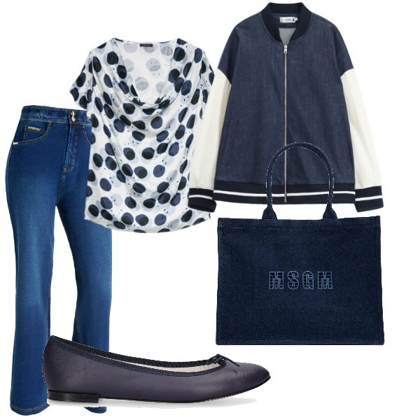 Outfit donna - Passeggiando al parco. Stile Casual per Tutti i giorni. Abbinamento con bomber, jeans, ballerine, top, shopping bag.