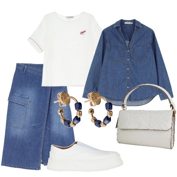 Outfit donna - Passeggiata al mare. Stile Casual per Tutti i giorni. Abbinamento con marsupi, sneakers, camicie, t-shirt, gonne longuette, orecchini.