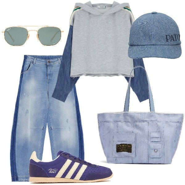 Outfit donna - Passeggiando al parco. Stile Trendy per Tutti i giorni. Abbinamento con felpe con cappuccio, jeans, cappelli, occhiali da sole, shopping bag, sneakers.