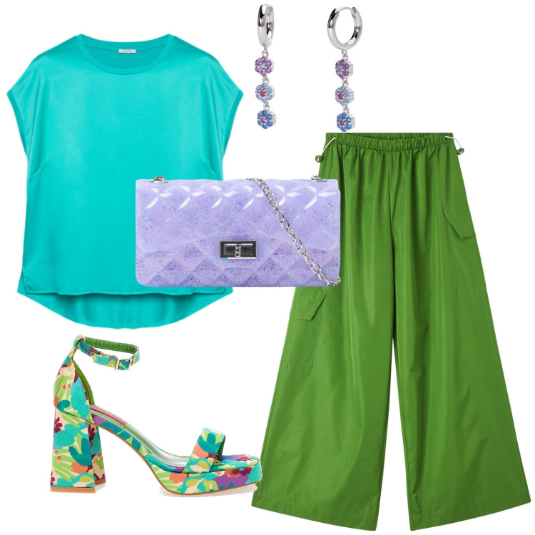 Outfit donna - Macedonia di colori. Stile Casual per Tutti i giorni. Abbinamento con pantaloni cargo, borse a tracolla, orecchini, sandali col tacco, bluse.