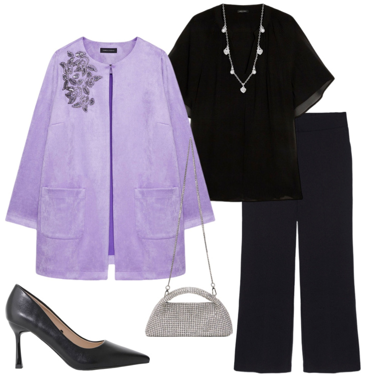Outfit donna - Focus donna curvy. Stile Chic per Cerimonia. Abbinamento con collane, décolleté, bluse, trench, pantaloni, clutch.