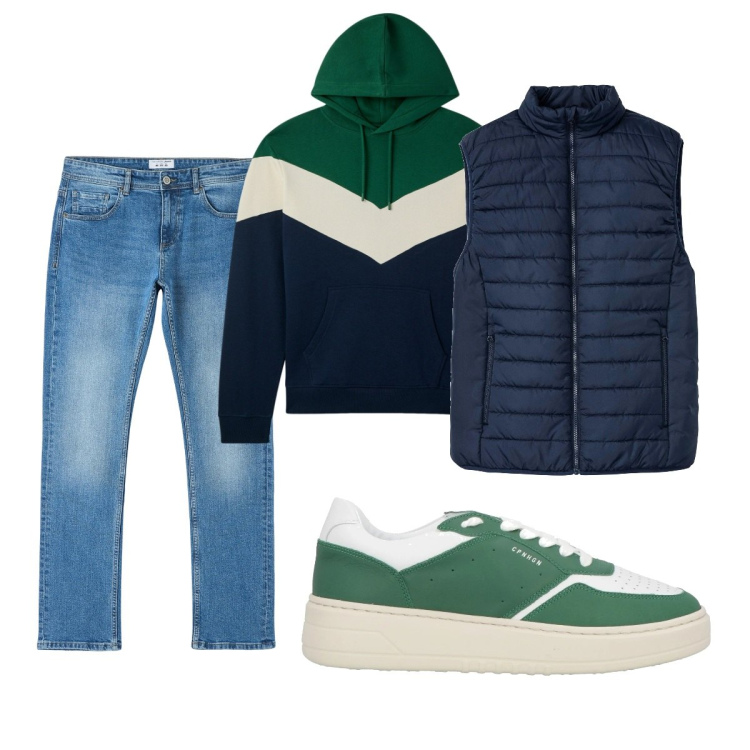 Outfit uomo - Total look #2102813. Stile Casual per Tutti i giorni. Abbinamento con sneakers, gilet, felpe con cappuccio, jeans dritti.