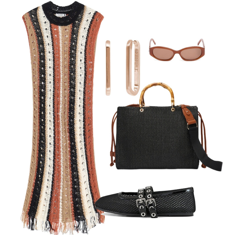 Outfit donna - Righe particolari. Stile Casual chic per Tutti i giorni. Abbinamento con orecchini, vestiti senza maniche, ballerine, occhiali da sole, borse a mano.