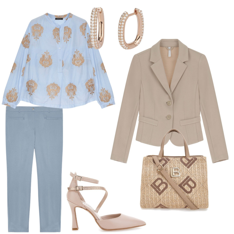 Outfit donna - Uno spezzato dai colori tenui. Stile Chic per Serata fuori. Abbinamento con orecchini, blazer, bluse, pantaloni chino, décolleté, borse a tracolla.