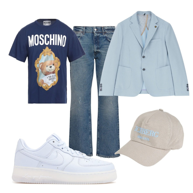 Outfit uomo - Casual chic. Stile Casual per Tutti i giorni. Abbinamento con cappelli con visiera, t-shirt, giacche, jeans, sneakers.