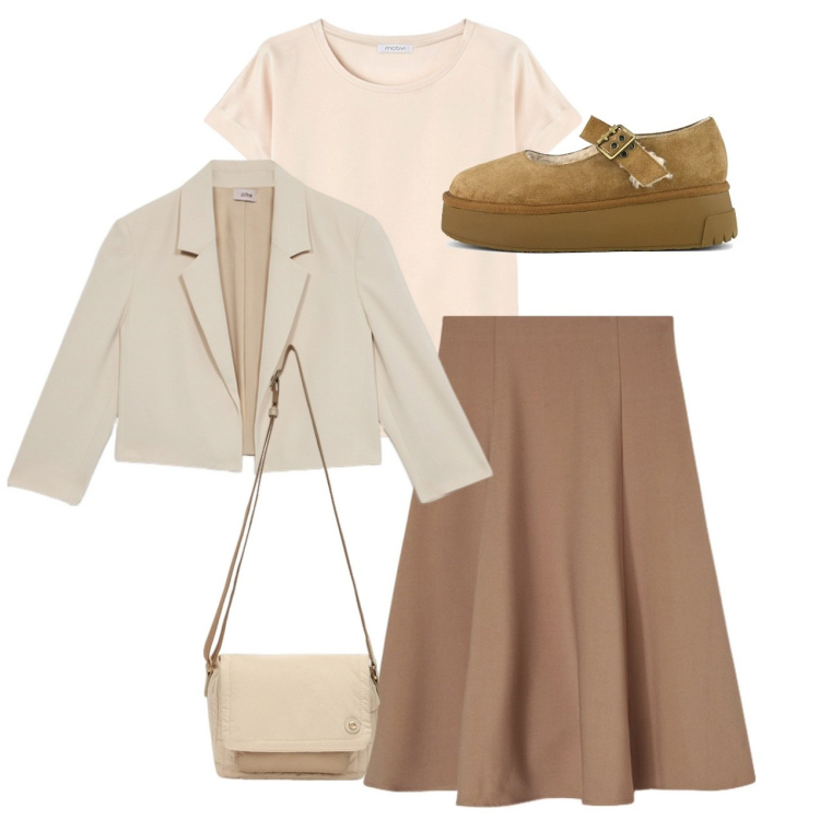 Outfit donna - New Shop! Motivi, Oltre, Carpisa. Stile Bon Ton per Tutti i giorni. Abbinamento con décolleté, t-shirt, gonne longuette, borse a tracolla, blazer.