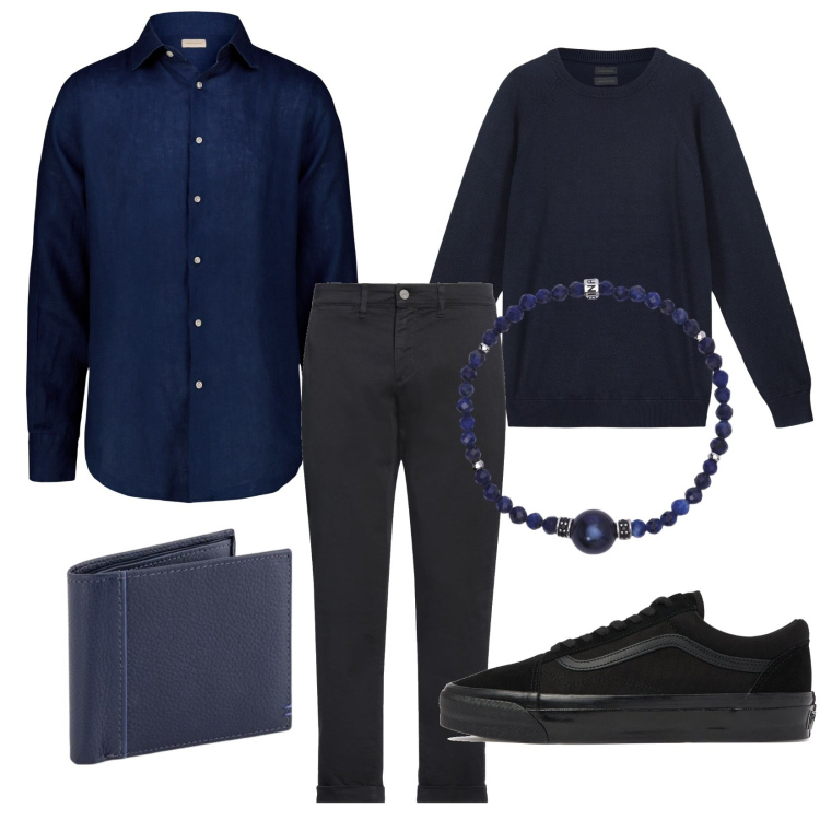 Outfit uomo - Total look #2102840. Stile Casual per Tutti i giorni. Abbinamento con pantaloni chino, braccialetti, camicie, sneakers, portafogli, maglieria.