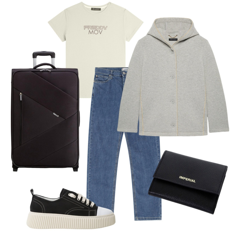 Outfit donna - Imbarco ore 10. Stile Casual per Tutti i giorni. Abbinamento con jeans dritti, sneakers, portafogli, t-shirt, blazer, valigie.