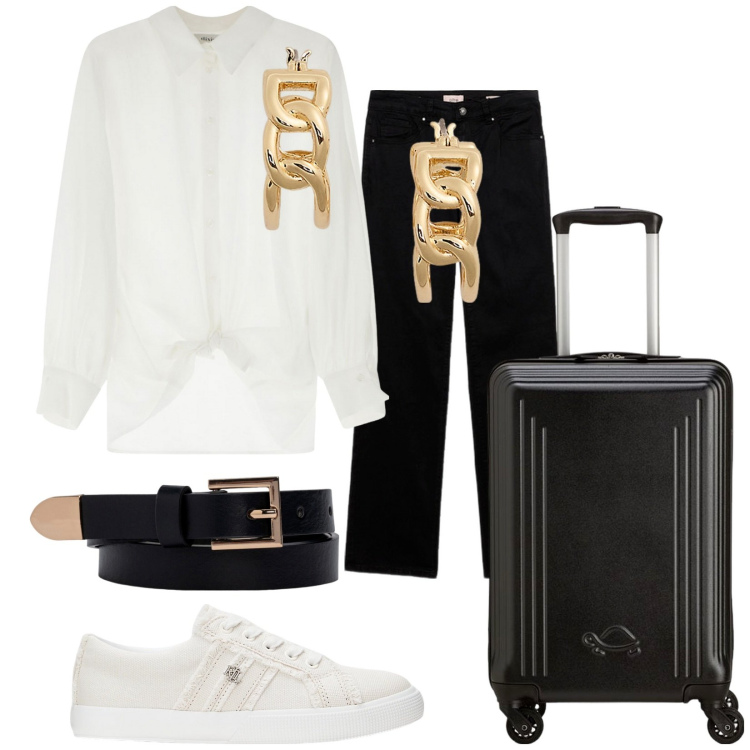 Outfit donna - La camicia chiude non può mancare. Stile Basic per Tutti i giorni. Abbinamento con camicie, orecchini, sneakers, cinture, valigie, pantaloni.