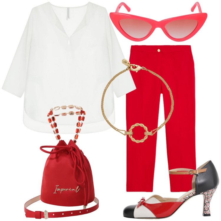 Outfit donna - La blusa chic. Stile Chic per Cerimonia. Abbinamento con bluse, borse a secchiello, décolleté, braccialetti, pantaloni, occhiali da sole.