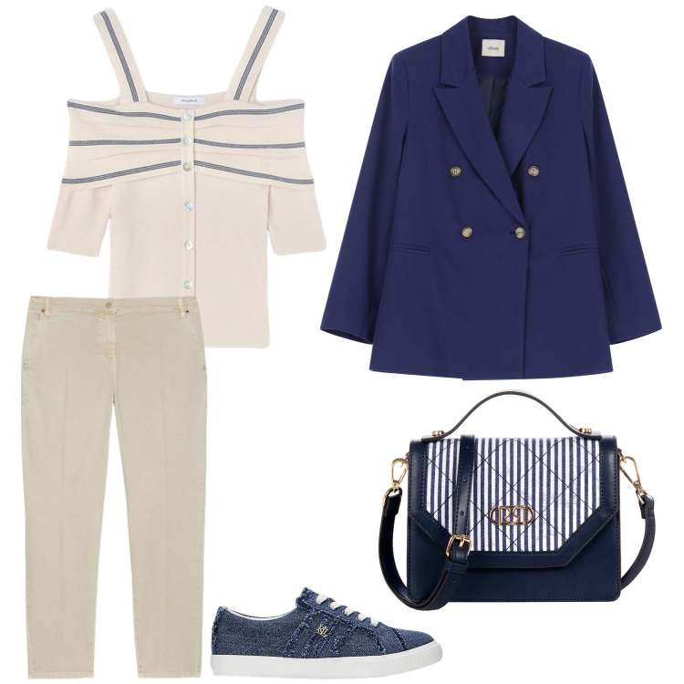 Outfit donna - Stile marinaro. Stile Casual chic per Tutti i giorni. Abbinamento con borse a mano, blazer, sneakers, pantaloni chino, top.