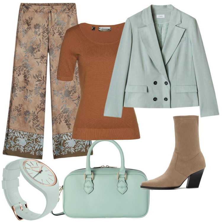 Outfit donna - In ufficio. Stile Basic per Ufficio. Abbinamento con stivaletti, maglieria, orologi, pantaloni a palazzo, blazer, borse a mano.