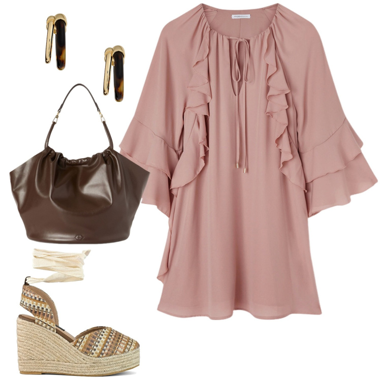 Outfit donna - City. Stile Casual chic per Tutti i giorni. Abbinamento con orecchini, zeppe, borse a secchiello, vestiti corti.