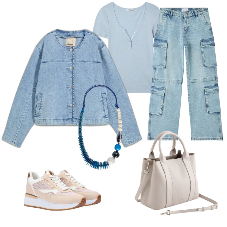 Outfit donna - Denim. Stile Casual per Tutti i giorni. Abbinamento con blazer, jeans, t-shirt, collane, sneakers, borse a mano.