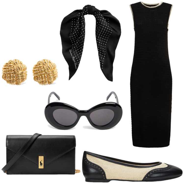 Outfit donna - Colazione da Tiffany. Stile Chic per Serata fuori. Abbinamento con clutch, foulard, ballerine, vestiti midi/longuette, occhiali da sole, orecchini.