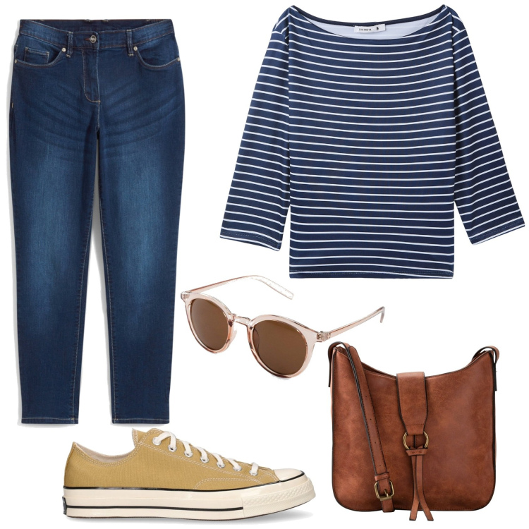 Outfit donna - French style primaverile. Stile Basic per Tutti i giorni. Abbinamento con jeans boyfriend, borse a tracolla, occhiali da sole, t-shirt, sneakers.