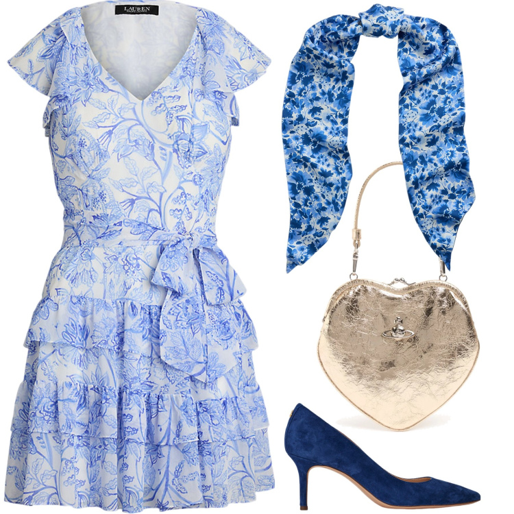 Outfit donna - Fiorita azzurra cerimonia. Stile Bon Ton per Cerimonia. Abbinamento con vestiti, décolleté, sciarpe, pochette.