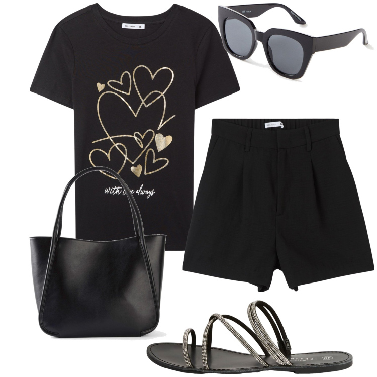 Outfit donna - Cuoricini sul lungomare. Stile Casual chic per Mare. Abbinamento con shopping bag, occhiali da sole, bermuda, t-shirt, sandali.