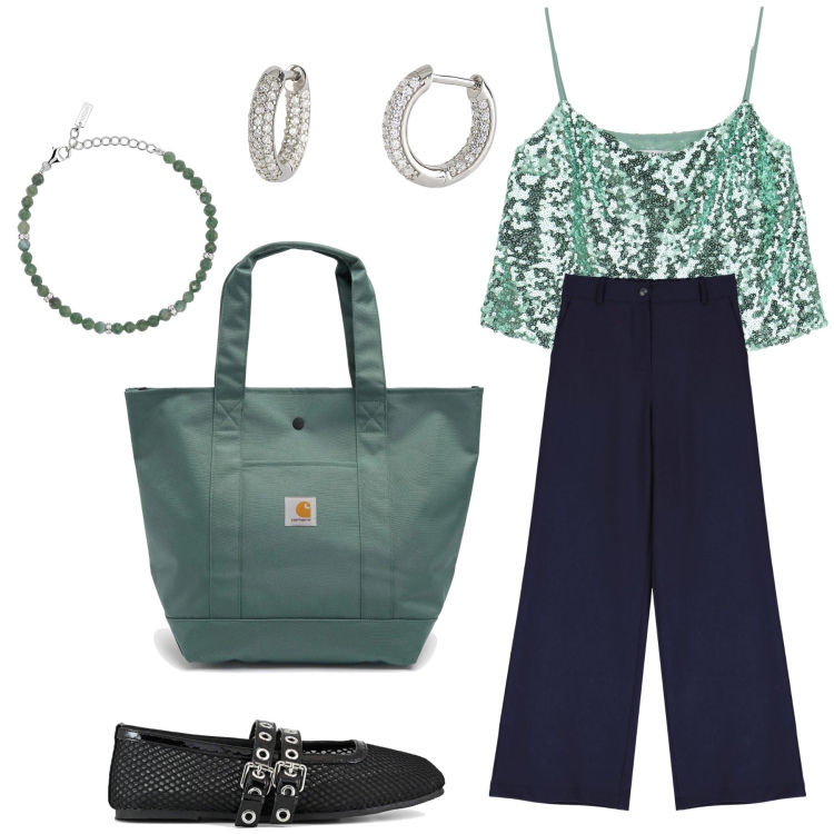 Outfit donna - Il top brilla. Stile Trendy per Serata fuori. Abbinamento con orecchini, braccialetti, top, pantaloni a palazzo, ballerine, borse tote.