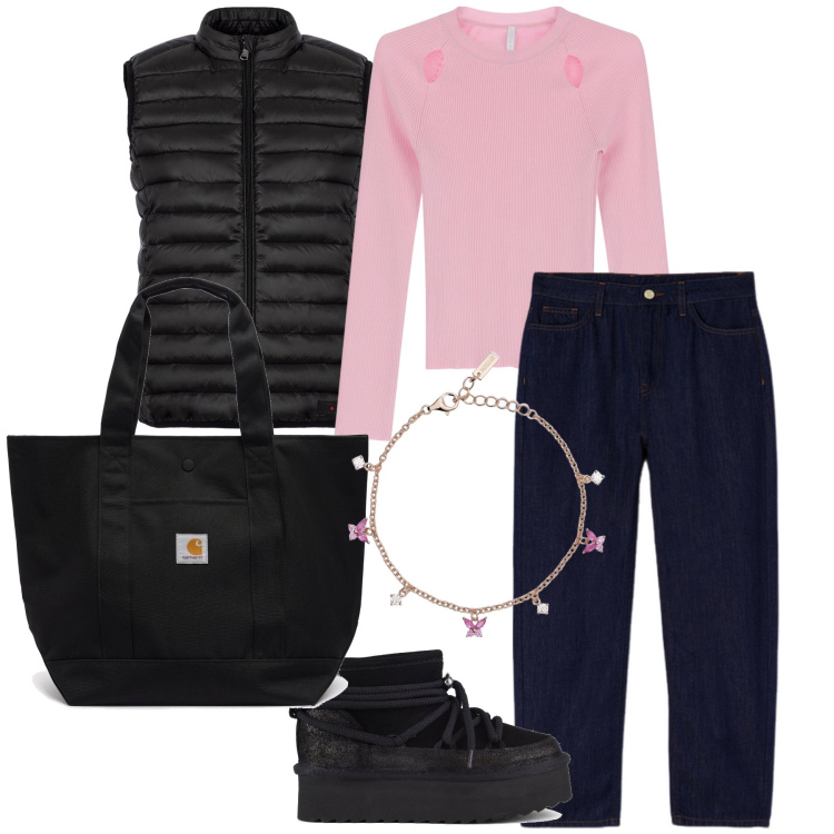 Outfit donna - Colazione al bar. Stile Casual chic per Tutti i giorni. Abbinamento con braccialetti, maglieria, piumini, borse tote, jeans, stivaletti.