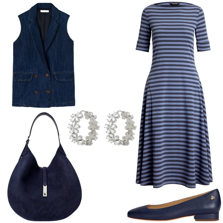 Outfit donna - Abito a righe. Stile Casual chic per Tutti i giorni. Abbinamento con orecchini, borse a spalla, ballerine, vestiti, gilet.