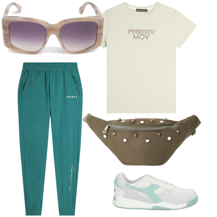 Outfit donna - Let s move. Stile Casual per Tutti i giorni. Abbinamento con sneakers, t-shirt, pantaloni, marsupi, occhiali da sole.
