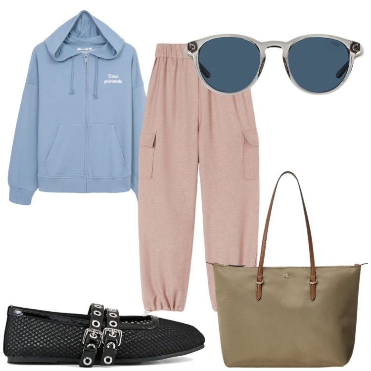 Outfit donna - Total look #2102894. Stile Trendy per Tutti i giorni. Abbinamento con felpe con cappuccio, occhiali da sole, borse tote, ballerine, pantaloni cargo.