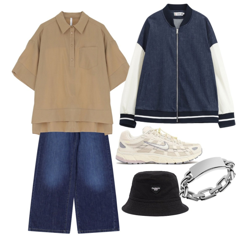 Outfit donna - Baggy week. Stile Casual per Tutti i giorni. Abbinamento con bomber, camicie a manica corta, jeans, anelli, sneakers, cappelli.
