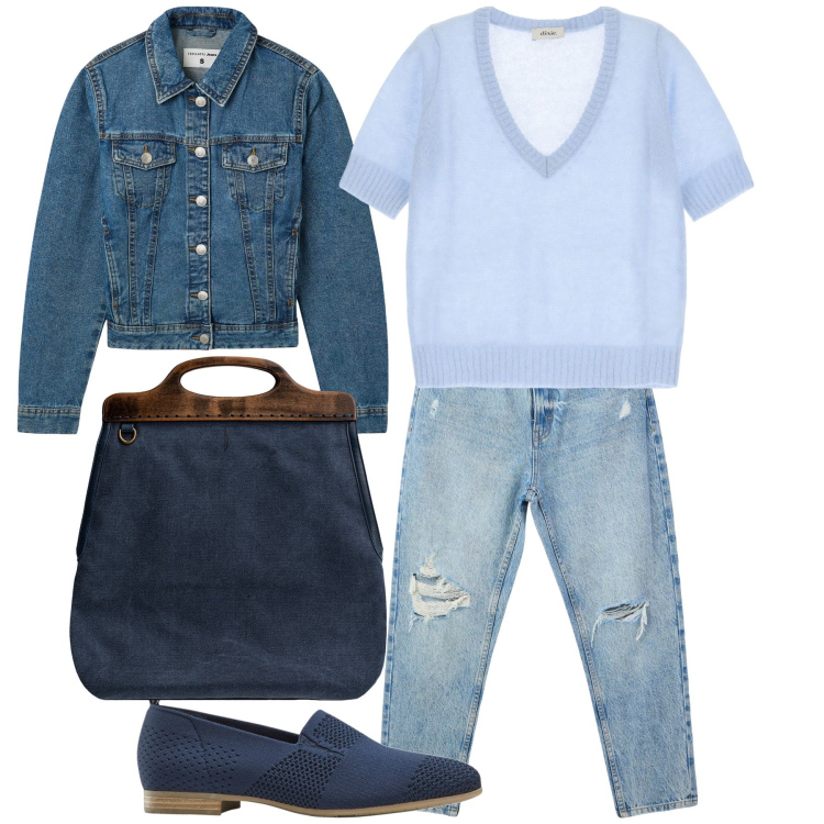 Outfit donna - Total look. Stile Casual per Tutti i giorni. Abbinamento con mocassini, jeans mom, blazer, maglieria, borse a tracolla.