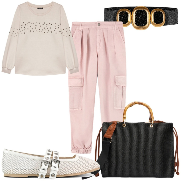 Outfit donna - Total look #2102897. Stile Trendy per Tutti i giorni. Abbinamento con cinture, felpe, ballerine, borse a mano, pantaloni cargo.