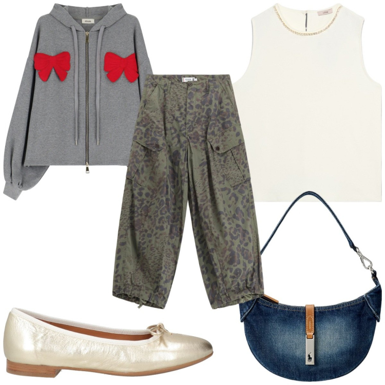 Outfit donna - Total look #2102899. Stile Trendy per Tutti i giorni. Abbinamento con ballerine, pantaloni cargo, felpe con cappuccio, borse a spalla, top.