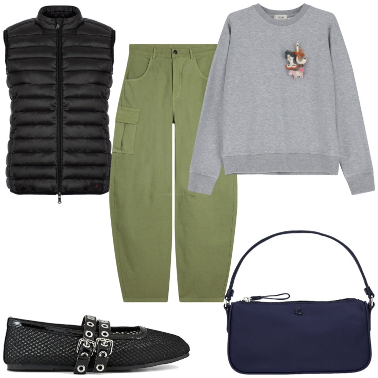 Outfit donna - Total look #2102902. Stile Trendy per Tutti i giorni. Abbinamento con pantaloni cargo, felpe, pochette, piumini, ballerine.