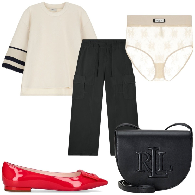 Outfit donna - Total look #2102903. Stile Trendy per Tutti i giorni. Abbinamento con slip, felpe, pantaloni cargo, borse a tracolla, ballerine.