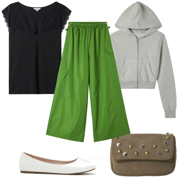 Outfit donna - Total look #2102904. Stile Trendy per Tutti i giorni. Abbinamento con ballerine, pantaloni cargo, top, felpe con cappuccio, borse a tracolla.