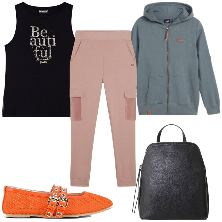 Outfit donna - Total look #2102905. Stile Trendy per Tutti i giorni. Abbinamento con felpe con cappuccio, zaini, pantaloni cargo, canottiere, ballerine.