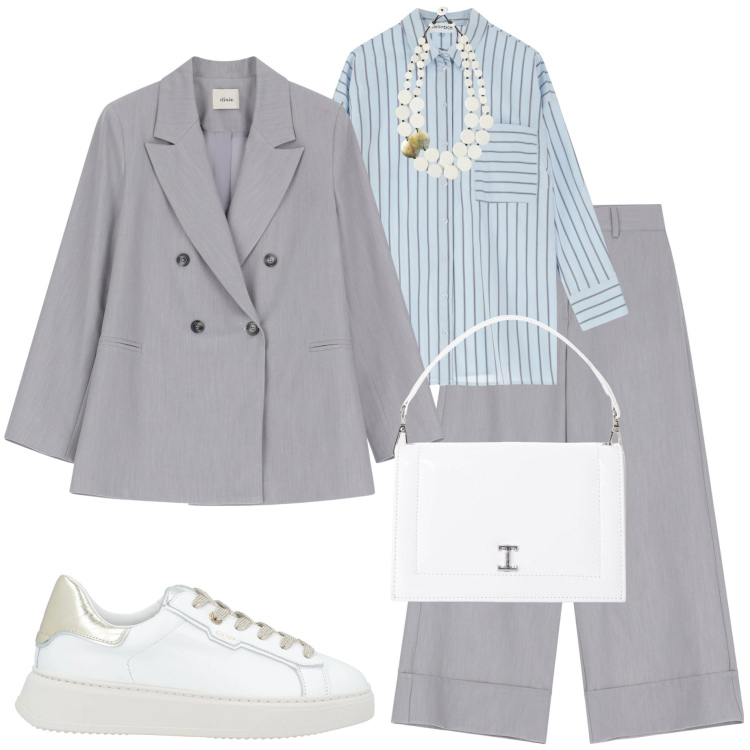 Outfit donna - Casual chic in primavera. Stile Casual chic per Serata fuori. Abbinamento con sneakers, borse a tracolla, pantaloni a palazzo, camicie, blazer, ciondoli.