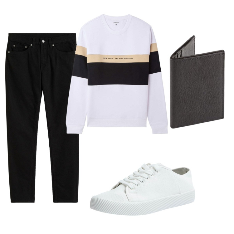 Outfit uomo - Total look #2102909. Stile Casual per Tutti i giorni. Abbinamento con jeans slim fit, felpe con cappuccio, sneakers, portafogli.