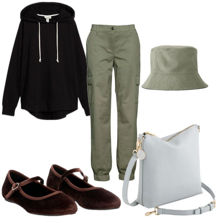 Outfit donna - Total look #2102911. Stile Trendy per Tutti i giorni. Abbinamento con pantaloni cargo, cappelli, felpe con cappuccio, ballerine, borse a tracolla.