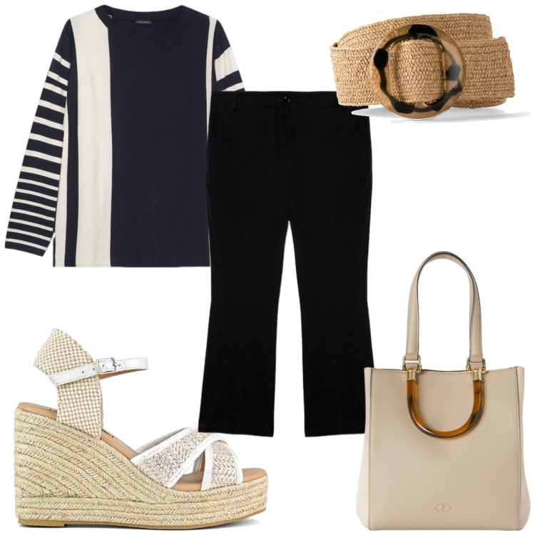 Outfit donna - Viva le righe! - trendy ad aprile. Stile Trendy per Tutti i giorni. Abbinamento con cinture, maglieria, zeppe, pantaloni, shopping bag.