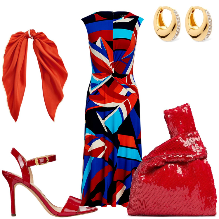 Outfit donna - Sono io astratta. Stile Glamour per Tutti i giorni. Abbinamento con sandali col tacco, vestiti, foulard, pochette, orecchini.