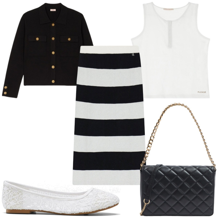 Outfit donna - Viva le righe! In bianco e nero. Stile Trendy per Tutti i giorni. Abbinamento con ballerine, borse a tracolla, canottiere, gonne longuette, blazer.
