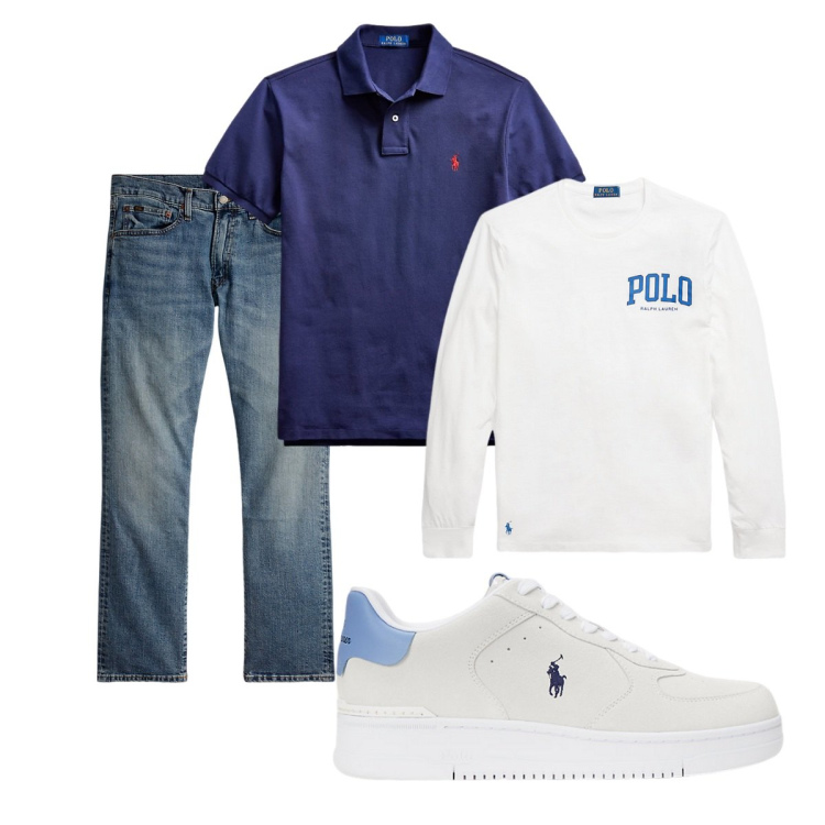 Outfit uomo - Total look Ralph Lauren. Stile Casual per Tutti i giorni. Abbinamento con polo, jeans dritti, sneakers, t-shirt.