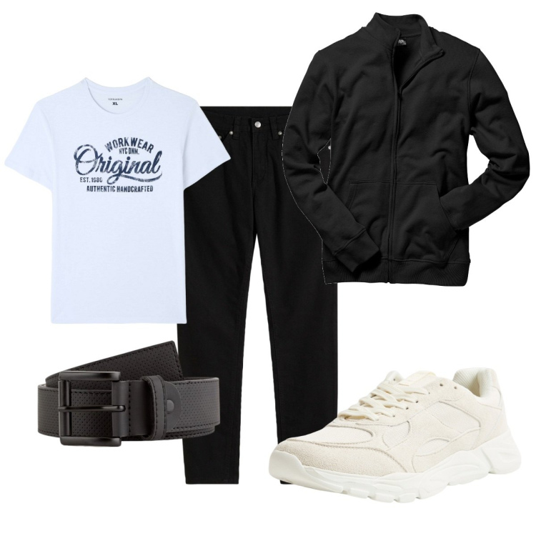 Outfit uomo - Total look #2102926. Stile Casual per Tutti i giorni. Abbinamento con felpe, jeans slim fit, t-shirt, sneakers, cinture.